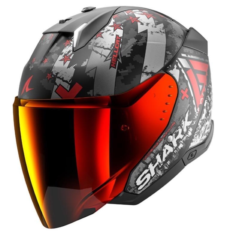 Casco Jet Shark I3 HELLCAT Nero Cromo Rosso Opaco
