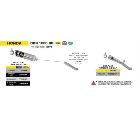 Terminale Di Scarico Arrow Race-Tech Titanio C/Fond. Carby Omologato, Richiesto Raccordo Per Collettori Oem - Honda Cbr 1000 Rr 