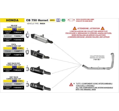 Terminale Di Scarico Arrow Indy Race Alluminio C/Fond. Carby E Raccordo Saldato Omologato - Honda Cb 750 Hornet '23/24