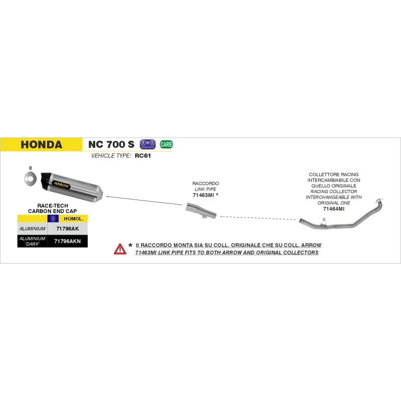 Raccordo Acc.Inox Honda Nc 700S/X '12/13- 750 '14/19 - Integra 700 '12/13 - 750 '14/19 Ric.Originale + Ric.Arrow