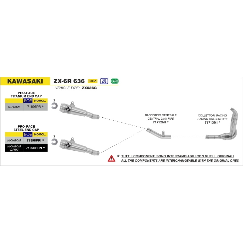 Raccordo Centrale Racing Inox Kawasaki Zx-6R 636 '19 Ric.Originale + Ric.Arrow