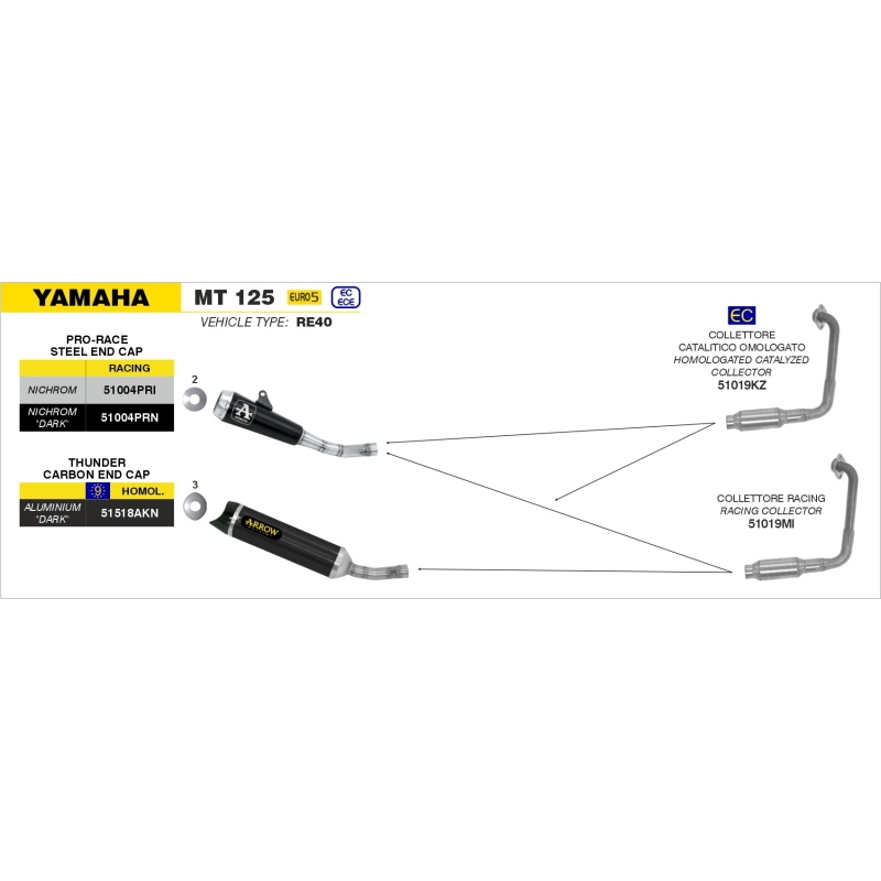 Marmitta Omologata Thunder Alluminio Dark Raccordo Saldato Yamaha Yzf-R125 '19 Con Fond.Carby Ric.Arrow