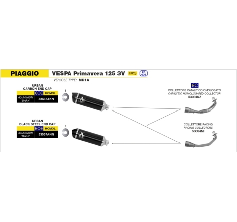 Marmitta Omologata Urban Alluminio Dark Vespa Primavera/Sprint 125 '21 (Euro 5) Con Fondello Carby Ricambio Arrow
