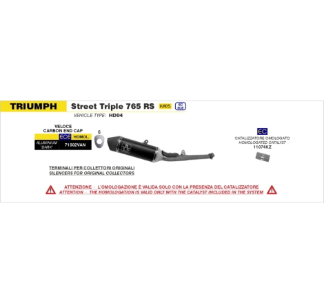 Kit Omologato Raccordo Inox + Marmitta Veloce Alluminio Dark Con Fond.Carby Triumph Street Triple '20/22 Ric.Origin.
