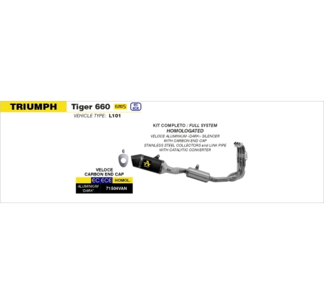 Kit Completo Omologato Collettori Inox +Marmitta Veloce Alluminio Dark Triumph Tiger 660 Sport '22/23 Con Fond.Carby