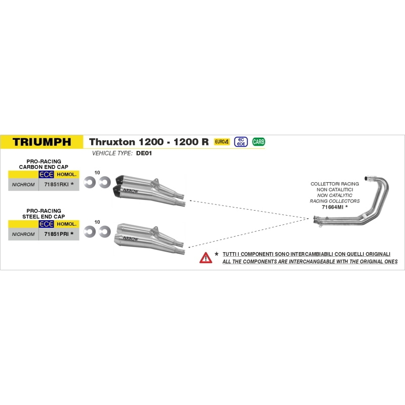 Collettori Acc.Inox 2:2 Decatalizzatore Triumph Thruxton 1200/1200R '16 Ric. Originale + Arrow