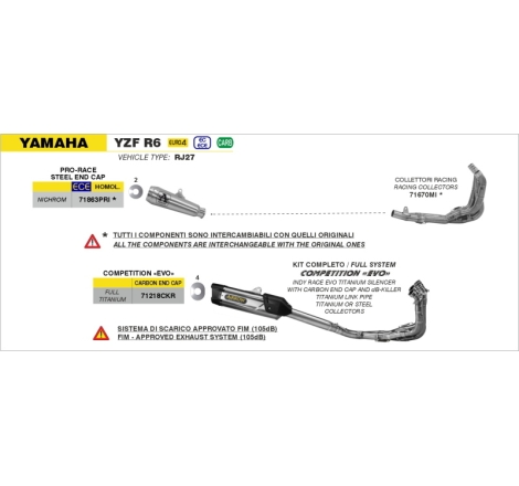 Collettori Dekat Inox Yamaha Yzf R6 '17 Per Terminali Originale Ed Arrow Racing