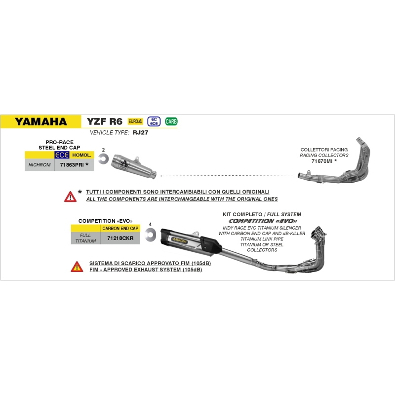 Collettori Dekat Inox Yamaha Yzf R6 '17 Per Terminali Originale Ed Arrow Racing
