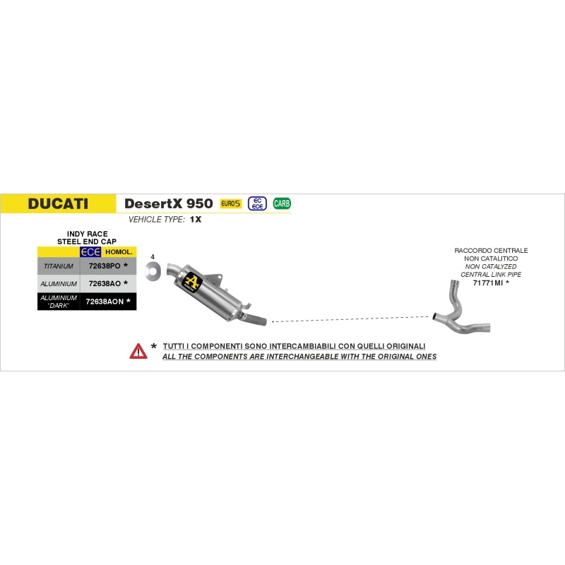 Raggruppamento 2:1 Racing Dekat Inox Ducati Desertx 950 '22 Ric.Originale + Ric.Arrow