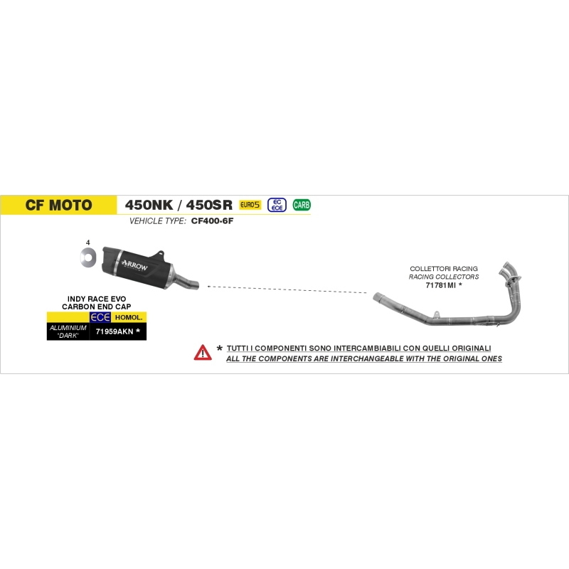 Collettore Racing Dekat Inox Cf Moto 450Nx/Sr '23 Ric.Originale + Ric.Arrow