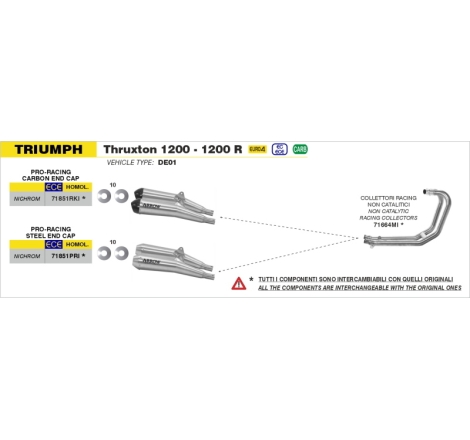 Marmitte Pro Racing Inox Triumph Thruxton 1200/1200R '16 Dx+Sx Con Fond. Carby Ric.Originale Omologate
