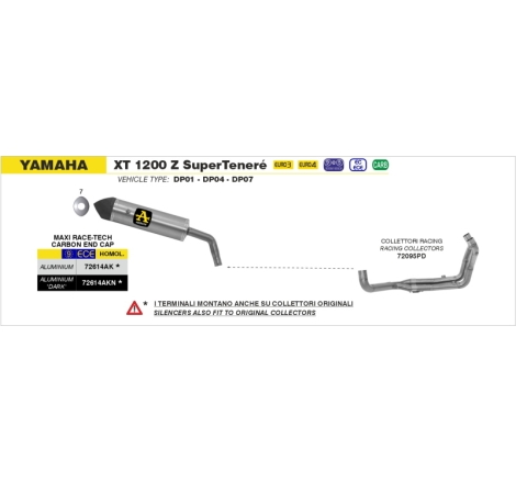 Collettore Acc.Inox 2:1 Yamaha Xt 1200 Zsuper Tenere'10-11 Ric.Originale + Ric. Arrow