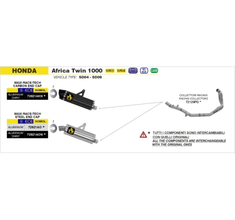 Collettori Inox 2:1 Dekat Honda Crf 1000L Africa Twin'16 Ric.Originale + Arrow