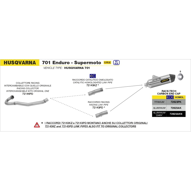Collettore Acc.Inox Husquvarna 701 Supermoto '17 Ric.Originale + Ric.Arrow