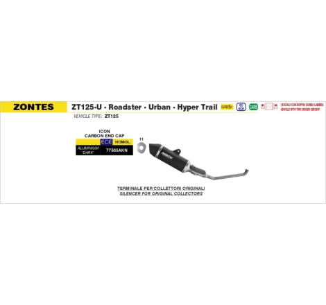 Silenziatore Icon In Alluminio "Dark" + Raccordo In Inox Per Zontes Zt125-U E5+ 2025